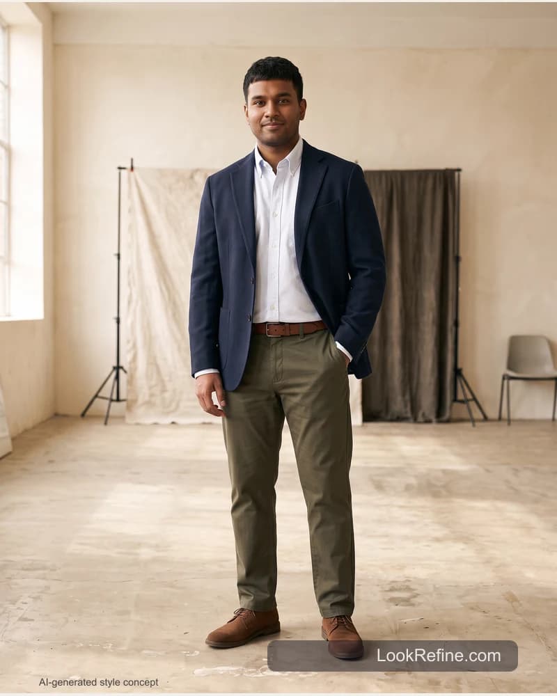 Fictional adult model: job interview outfit, startup styling concept