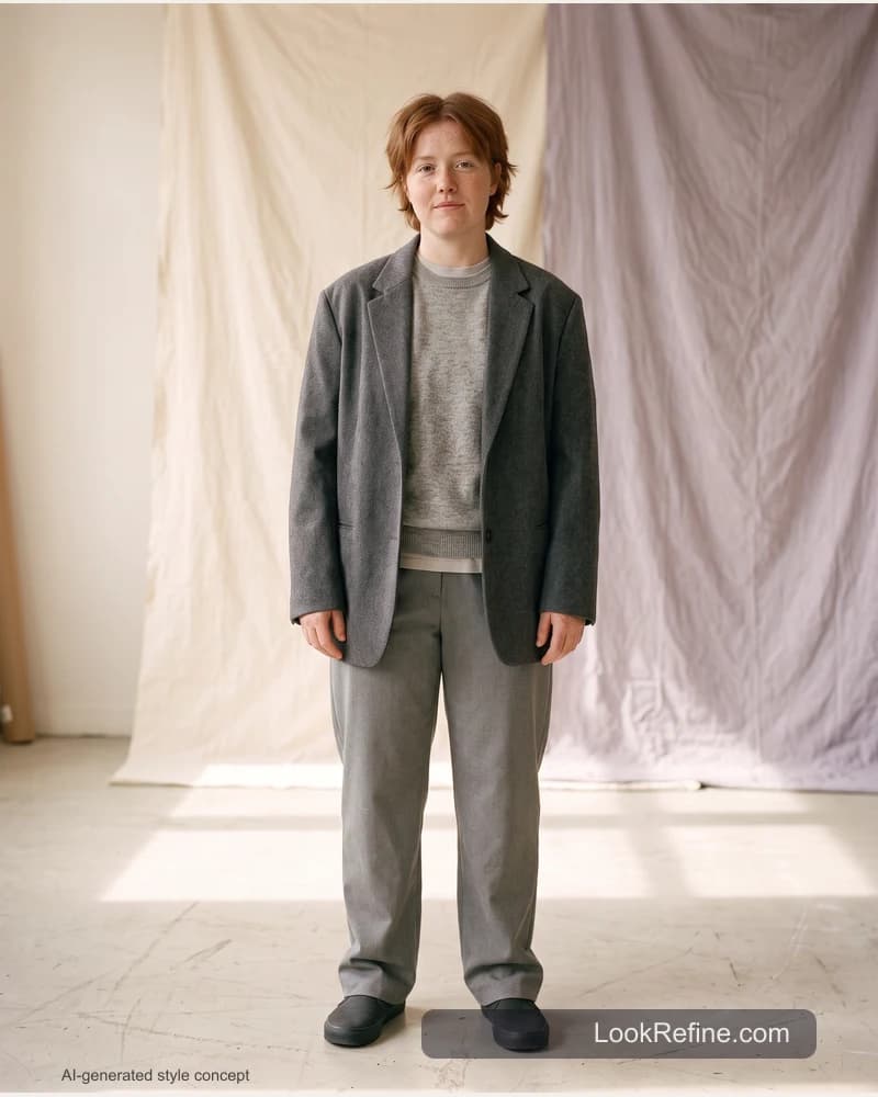 Fictional adult model: soft minimal style, gray styling concept