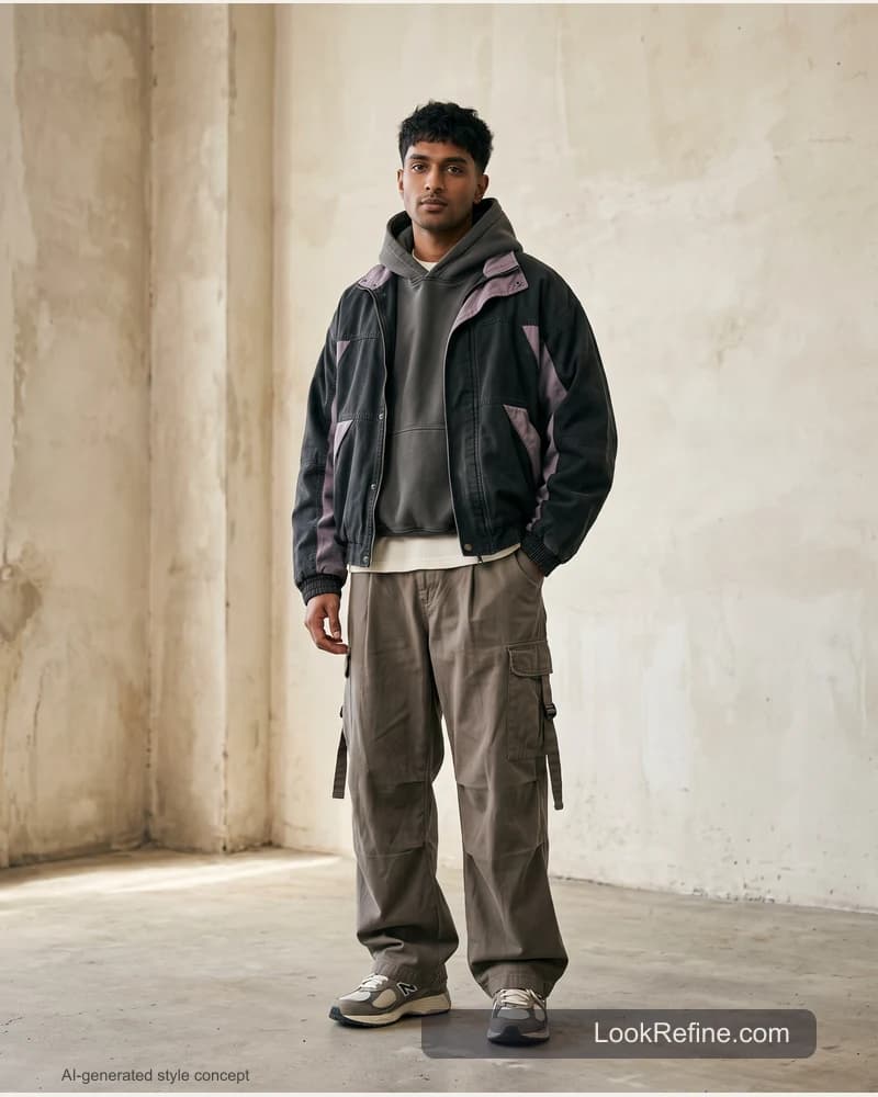 Fictional adult model: streetwear outfits, identity styling concept