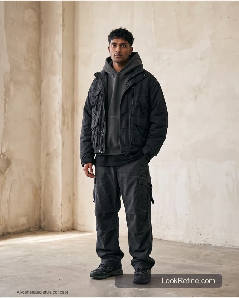 Fictional adult model: streetwear outfits, monochrome styling concept