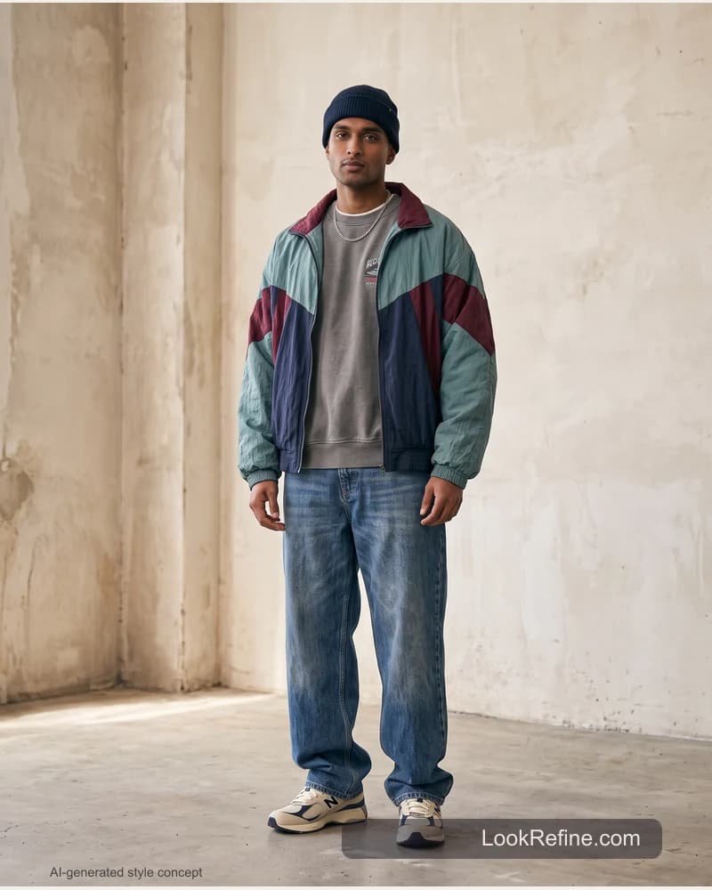 Fictional adult model: streetwear outfits, retro styling concept