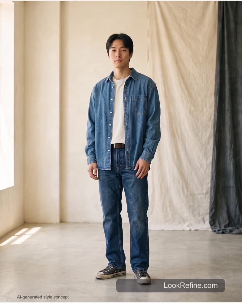 Fictional adult model: ai outfit generator, denim styling concept