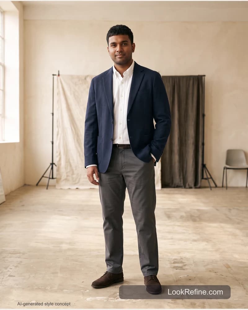 Fictional adult model: job interview outfit, corporate styling concept