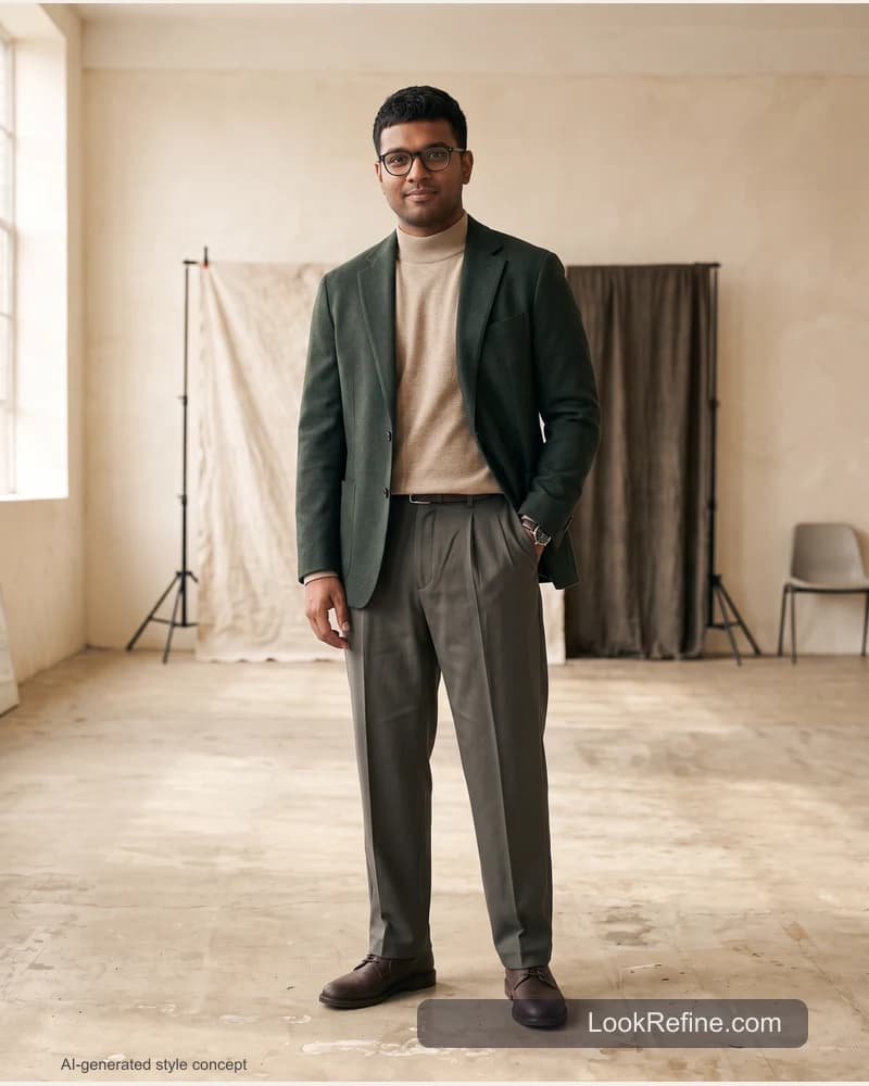Fictional adult model: job interview outfit, creative styling concept