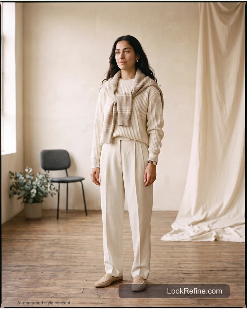 Fictional adult model: old money aesthetic, cream styling concept